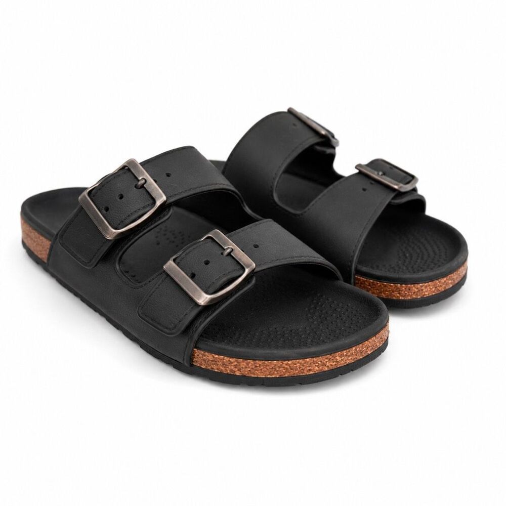 Mission Ridge Men’s Black Rubber Double Buckle Footbed Slide Sandals NWT 8/9